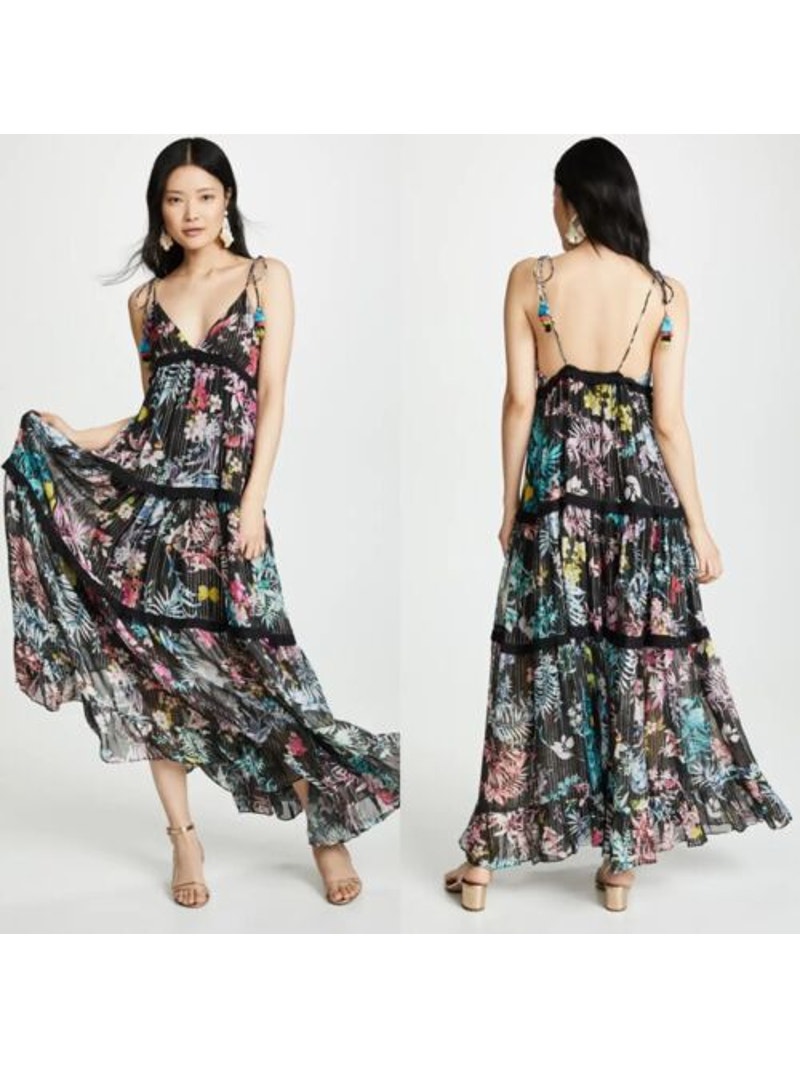 Rococo Sand Moonlight Floral Metallic Maxi Tiered Dress - Small